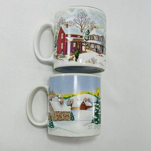 Vintage Russ Mug Set 2 Christmas European Blue Red Winter Snow Korea 8191 8329 - Picture 2 of 12